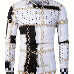 Men's Color Block Chains Graphic Print Shirt, Casual Lapel Button Up Long Sleeve Shirt For Spring Fall Outdoor Activities Party Gift SHOWLU FASHION STORE