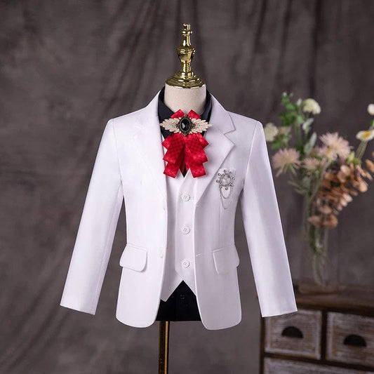 Flower Boys White Baptism Suit Kids Jakcet Vest Pants 3PCS Formal Wedding Dress Children Birhtday Photograph Performance Costume - SHOWLU FASHION STORE