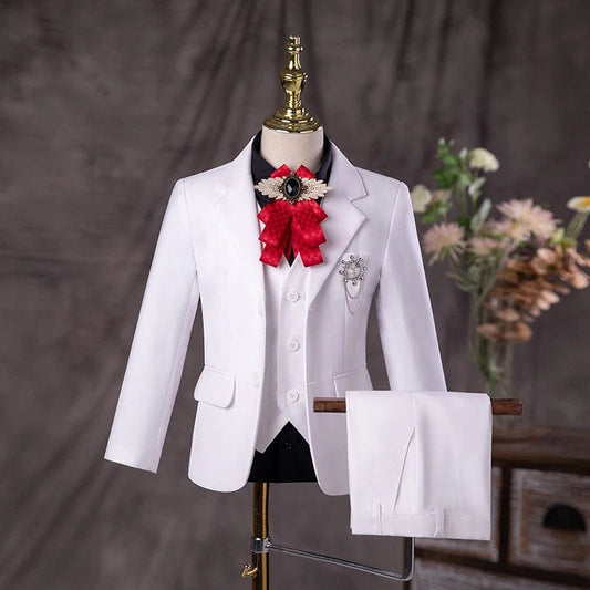 Flower Boys White Baptism Suit Kids Jakcet Vest Pants 3PCS Formal Wedding Dress Children Birhtday Photograph Performance Costume - SHOWLU FASHION STORE