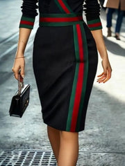 Freeacy Urban Women Elegant Midi Dress Deep V - neck Long Sleeves Contrast Color Striped Commuter Dress Slim Fit Party Dresses - SHOWLU FASHION STORE