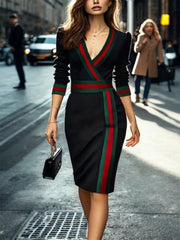 Freeacy Urban Women Elegant Midi Dress Deep V - neck Long Sleeves Contrast Color Striped Commuter Dress Slim Fit Party Dresses - SHOWLU FASHION STORE