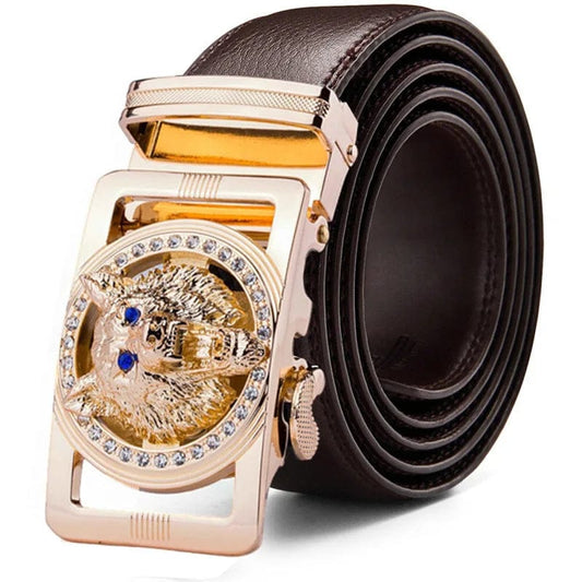 Genuine Leather Wolf belt for Men Polychrome rhinestone Alloy belt automatic buckle black Luxury Brand plus size Ceinture Homme - SHOWLU FASHION STORE
