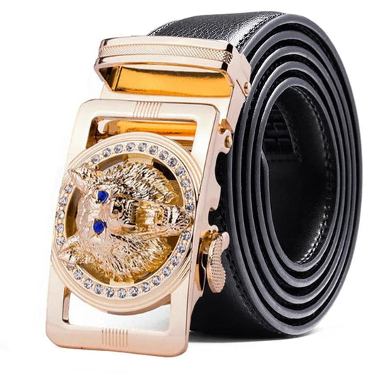 Genuine Leather Wolf belt for Men Polychrome rhinestone Alloy belt automatic buckle black Luxury Brand plus size Ceinture Homme - SHOWLU FASHION STORE