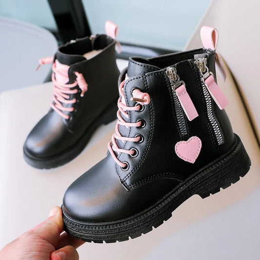 Girls Ankle Boots Double Zip Non - slip Kids Fashion Boots Pink Heart Children Princess Catwalk Boots Anti - Slippery Size 26 - 37 - SHOWLU FASHION STORE