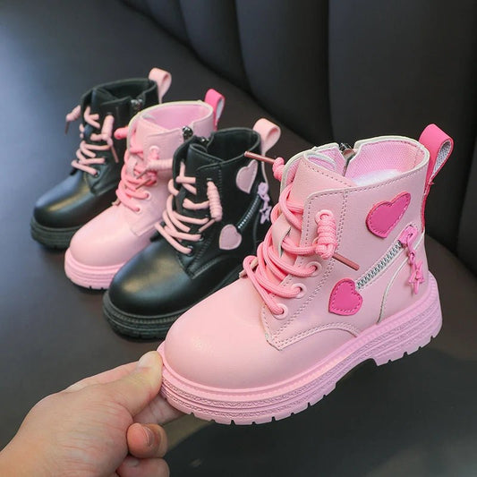 Girls Boots Kids Fashion Rubber Boots Cool Girl Autumn and Winter Cotton Soft Sole Pink with Love Side Zip Princess Round - toe PU - SHOWLU FASHION STORE