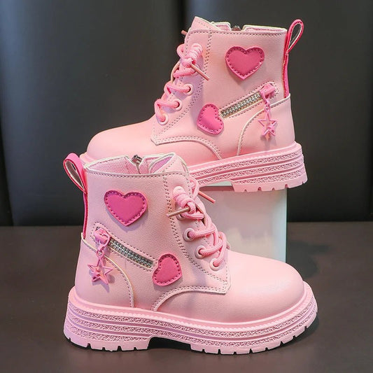 Girls Boots Kids Fashion Rubber Boots Cool Girl Autumn and Winter Cotton Soft Sole Pink with Love Side Zip Princess Round - toe PU - SHOWLU FASHION STORE