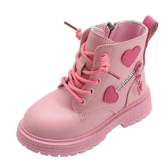 Girls Boots Kids Fashion Rubber Boots Cool Girl Autumn and Winter Cotton Soft Sole Pink with Love Side Zip Princess Round - toe PU - SHOWLU FASHION STORE
