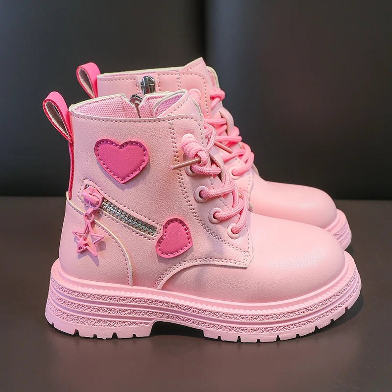 Girls Boots Kids Fashion Rubber Boots Cool Girl Autumn and Winter Cotton Soft Sole Pink with Love Side Zip Princess Round - toe PU - SHOWLU FASHION STORE