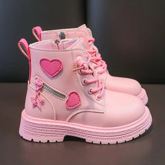 Girls Boots Kids Fashion Rubber Boots Cool Girl Autumn and Winter Cotton Soft Sole Pink with Love Side Zip Princess Round - toe PU - SHOWLU FASHION STORE