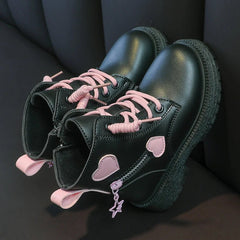 Girls Boots Kids Fashion Rubber Boots Cool Girl Autumn and Winter Cotton Soft Sole Pink with Love Side Zip Princess Round - toe PU - SHOWLU FASHION STORE