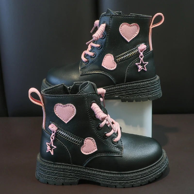 Girls Boots Kids Fashion Rubber Boots Cool Girl Autumn and Winter Cotton Soft Sole Pink with Love Side Zip Princess Round - toe PU - SHOWLU FASHION STORE