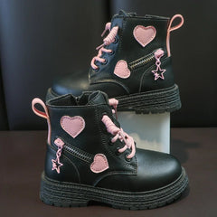 Girls Boots Kids Fashion Rubber Boots Cool Girl Autumn and Winter Cotton Soft Sole Pink with Love Side Zip Princess Round - toe PU - SHOWLU FASHION STORE