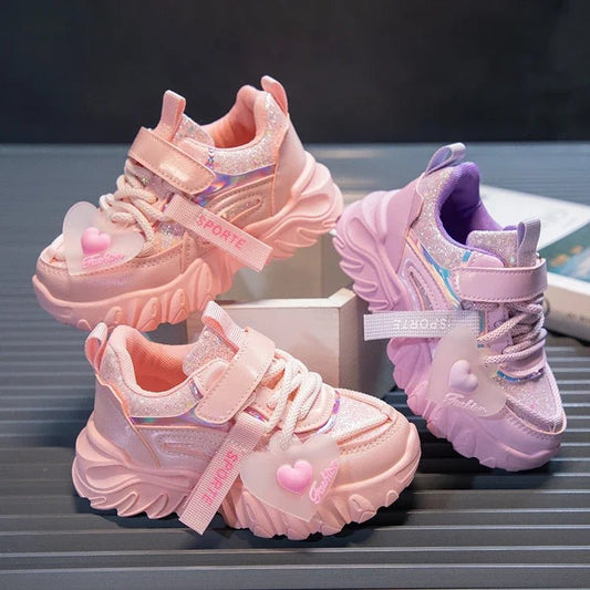 Girls Sports Shoes Kids Running Sneakers for School Fashion Cute Shiny Non - slip Children's Casual Shoes with Heart Spring Autumn - SHOWLU FASHION STORE