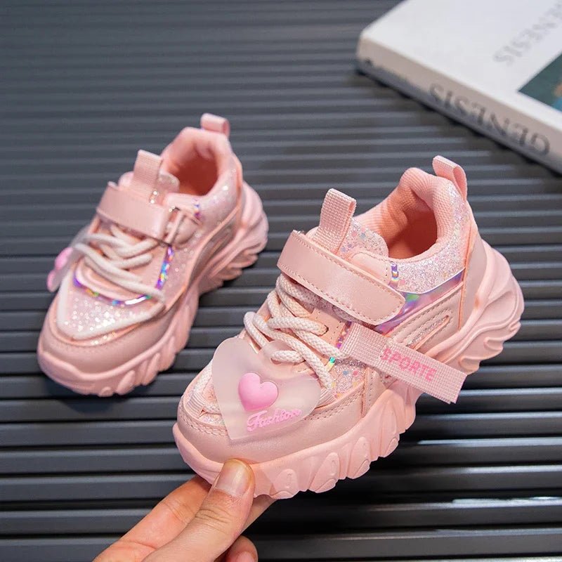 Girls Sports Shoes Kids Running Sneakers for School Fashion Cute Shiny Non - slip Children's Casual Shoes with Heart Spring Autumn - SHOWLU FASHION STORE