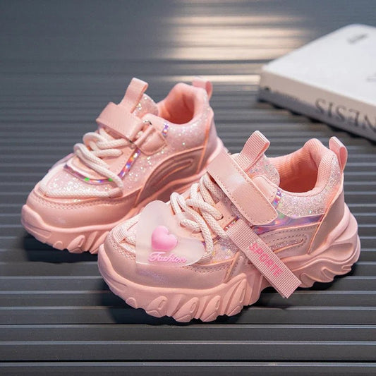 Girls Sports Shoes Kids Running Sneakers for School Fashion Cute Shiny Non - slip Children's Casual Shoes with Heart Spring Autumn - SHOWLU FASHION STORE