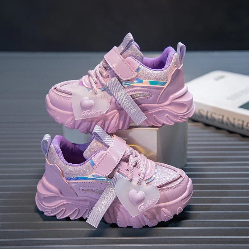 Girls Sports Shoes Kids Running Sneakers for School Fashion Cute Shiny Non - slip Children's Casual Shoes with Heart Spring Autumn - SHOWLU FASHION STORE