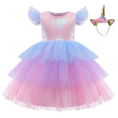 Girls Unicorn Pink Dress Girl Rainbow Layered Dresses For Bithday Party Flower Girl Bow Ball Gown Kid Fluffy Clothes For Wedding - SHOWLU FASHION STORE