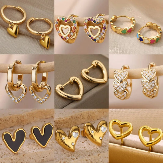 Gold Color Stainless Steel Heart Shaped Set Zircon Stud Earrings for Women Delicate Hoops Earring Wedding Party Jewelry Gifts - SHOWLU FASHION STORE