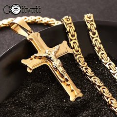 Gold Color Stainless Steel Jesus Cross Pendant Necklace 6mm Link Byzantine Chain Necklace Long Heavy Men Jewelry collares MN68 - SHOWLU FASHION STORE