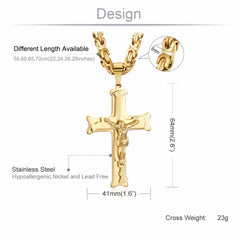 Gold Color Stainless Steel Jesus Cross Pendant Necklace 6mm Link Byzantine Chain Necklace Long Heavy Men Jewelry collares MN68 - SHOWLU FASHION STORE