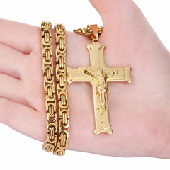Gold Color Stainless Steel Jesus Cross Pendant Necklace 6mm Link Byzantine Chain Necklace Long Heavy Men Jewelry collares MN68 - SHOWLU FASHION STORE