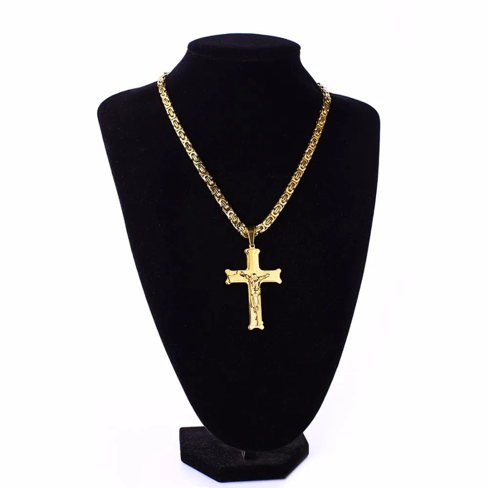 Gold Color Stainless Steel Jesus Cross Pendant Necklace 6mm Link Byzantine Chain Necklace Long Heavy Men Jewelry collares MN68 - SHOWLU FASHION STORE