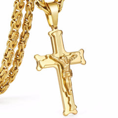 Gold Color Stainless Steel Jesus Cross Pendant Necklace 6mm Link Byzantine Chain Necklace Long Heavy Men Jewelry collares MN68 - SHOWLU FASHION STORE