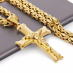 Gold Color Stainless Steel Jesus Cross Pendant Necklace 6mm Link Byzantine Chain Necklace Long Heavy Men Jewelry collares MN68 - SHOWLU FASHION STORE