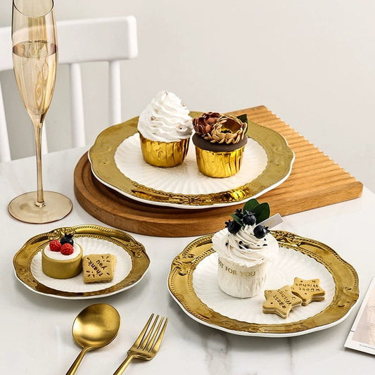 Golden Lace Ceramic Meal Plate Instagram Style French Style Dessert Bread Flat Ware Fancy Accessible Luxury Afternoon Tea Tableware - SHOWLU FASHION STORE