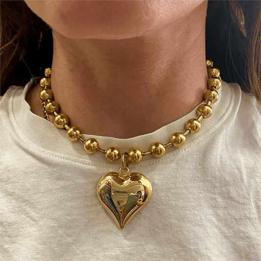 Gothic Gold Heart Pendant Necklace for Women Stainless Steel Beaded Choker Steampunk Jewelry - SHOWLU FASHION STORE