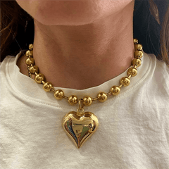 Gothic Gold Heart Pendant Necklace for Women Stainless Steel Beaded Choker Steampunk Jewelry - SHOWLU FASHION STORE