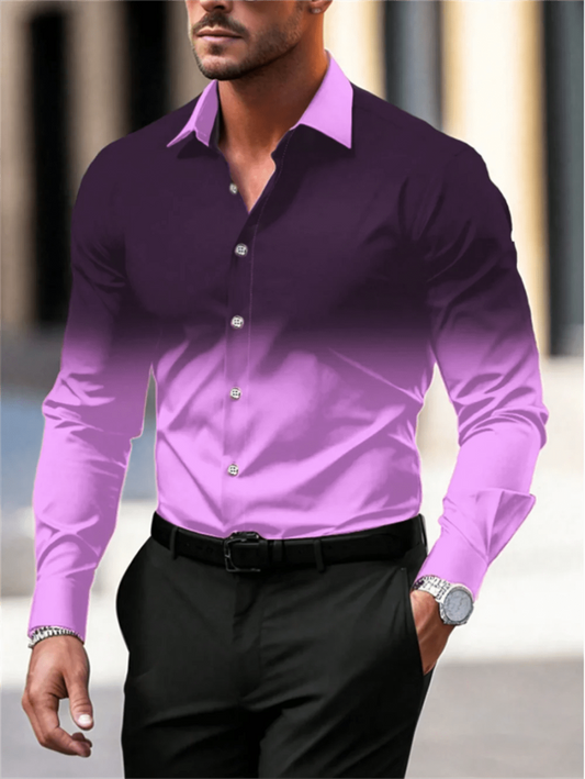 Gradient Color Long Sleeve Shirt Casual Breathable Men Shirt Lapel Large Size Men Clothing Fashion Button Design - SHOWLU FASHION STORE