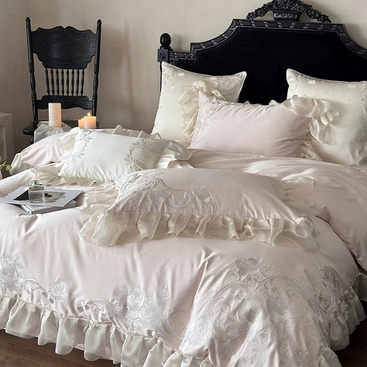 High end Flowers Embroidery Bedding Set Luxury Pink Egyptian Cotton Princess Duvet Cover Bed Sheet Pillowcases Home Textile - SHOWLU FASHION STORE