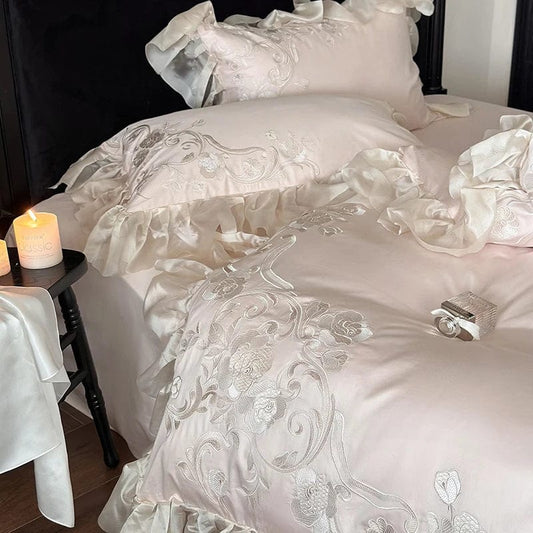 High end Flowers Embroidery Bedding Set Luxury Pink Egyptian Cotton Princess Duvet Cover Bed Sheet Pillowcases Home Textile - SHOWLU FASHION STORE