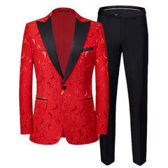 High End Gentleman Jacquard Suit Men Clothing Red Black White Fashion Luxury Men's Wedding Party Dress Slim Fit Blazer and Pants - SHOWLU FASHION STORE