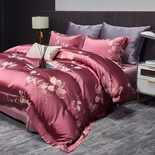 High End Mulberry S i l k Jacquard Bedding Set 4 - piece Duvet Cover Set 200*230CM 220*240CM Flat Sheet Bedding - SHOWLU FASHION STORE