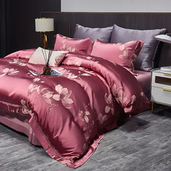 High End Mulberry S i l k Jacquard Bedding Set 4 - piece Duvet Cover Set 200*230CM 220*240CM Flat Sheet Bedding - SHOWLU FASHION STORE