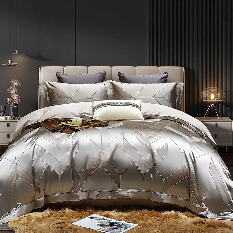 High End Mulberry S i l k Jacquard Bedding Set 4 - piece Duvet Cover Set 200*230CM 220*240CM Flat Sheet Bedding - SHOWLU FASHION STORE