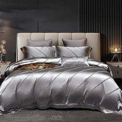 High End Mulberry S i l k Jacquard Bedding Set 4 - piece Duvet Cover Set 200*230CM 220*240CM Flat Sheet Bedding - SHOWLU FASHION STORE
