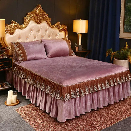 High Quality Luxury Thicken Velvet 4pcs Bedding Set Coral Fleece Bed Skirt Duvet Cover Pillowcase Plush Bed Set Queen Size - SHOWLU FASHION STORE