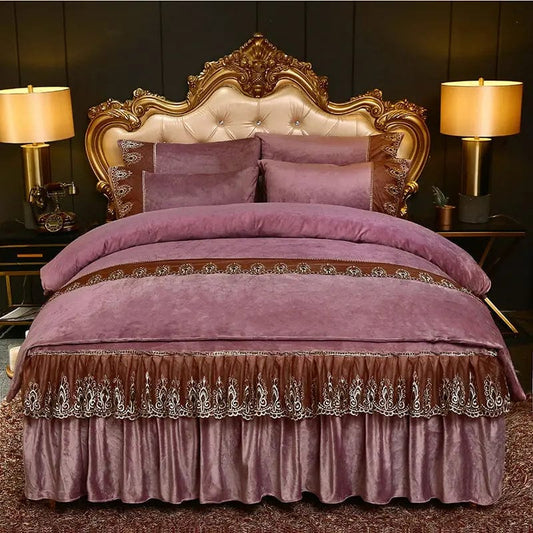 High Quality Luxury Thicken Velvet 4pcs Bedding Set Coral Fleece Bed Skirt Duvet Cover Pillowcase Plush Bed Set Queen Size - SHOWLU FASHION STORE