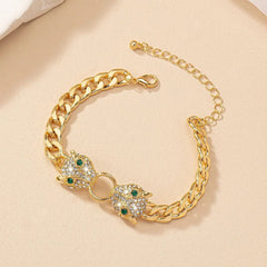 Hip - hop Gold Plated Rhinestone Leoprad Head Necklace Jewelry Set for Women Fashion Animal Pendant Metal Chain Men's Bracelet - SHOWLU FASHION STORE