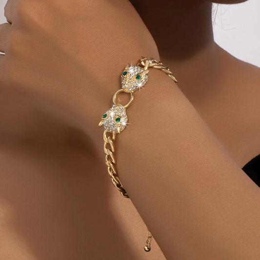 Hip - hop Gold Plated Rhinestone Leoprad Head Necklace Jewelry Set for Women Fashion Animal Pendant Metal Chain Men's Bracelet - SHOWLU FASHION STORE