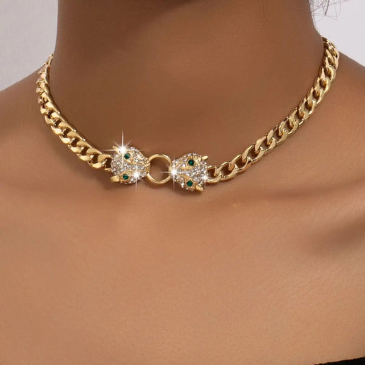 Hip - hop Gold Plated Rhinestone Leoprad Head Necklace Jewelry Set for Women Fashion Animal Pendant Metal Chain Men's Bracelet - SHOWLU FASHION STORE
