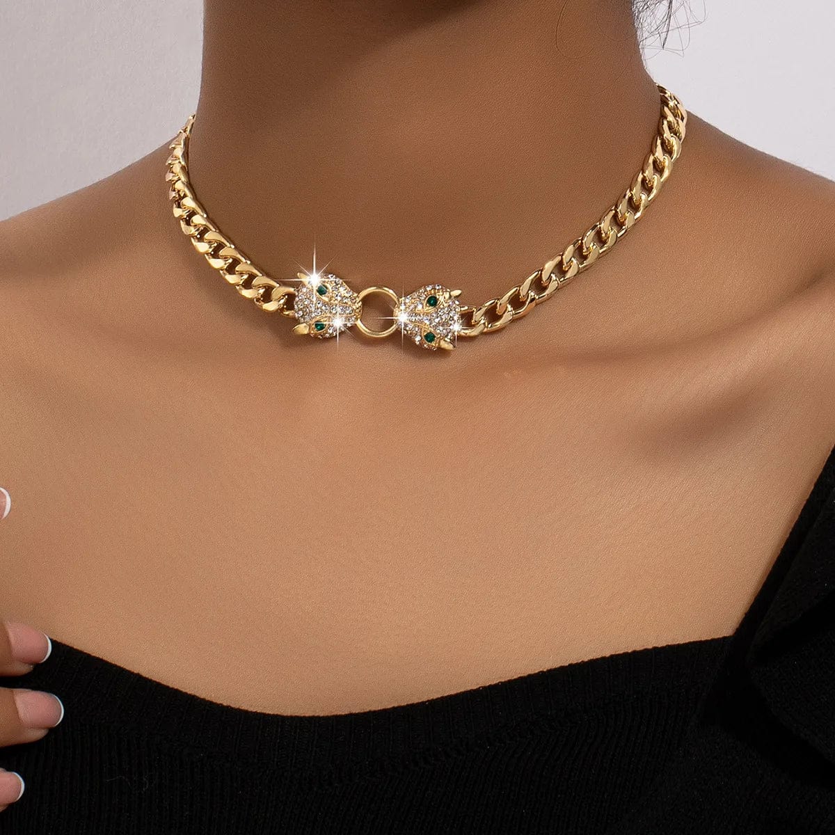 Hip - hop Gold Plated Rhinestone Leoprad Head Necklace Jewelry Set for Women Fashion Animal Pendant Metal Chain Men's Bracelet - SHOWLU FASHION STORE