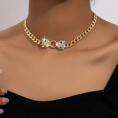 Hip - hop Gold Plated Rhinestone Leoprad Head Necklace Jewelry Set for Women Fashion Animal Pendant Metal Chain Men's Bracelet - SHOWLU FASHION STORE