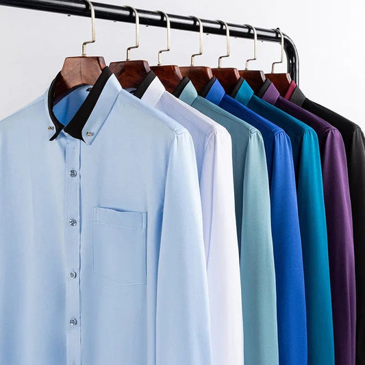 Hot Sale Men's Business Dress Shirts long Sleeve Contrast Collar Social Camisa With Diamond Anti - wrinkle Button Down Black Blue - SHOWLU FASHION STORE