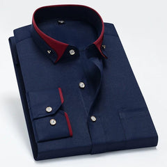 Hot Sale Men's Business Dress Shirts long Sleeve Contrast Collar Social Camisa With Diamond Anti - wrinkle Button Down Black Blue - SHOWLU FASHION STORE