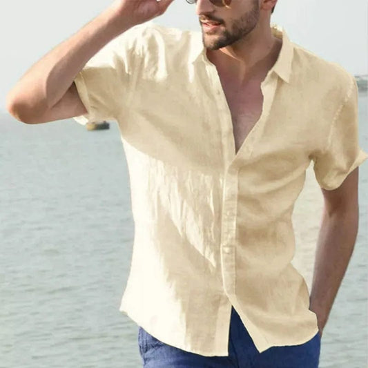 Hot Sale Men's Short - Sleeved Shirts Cotton Linen Summer Solid Color Turn - down Collar Quick Drying Casual Beach Style Plus Size - SHOWLU FASHION STORE