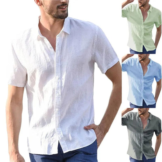 Hot Sale Men's Short - Sleeved Shirts Cotton Linen Summer Solid Color Turn - down Collar Quick Drying Casual Beach Style Plus Size - SHOWLU FASHION STORE